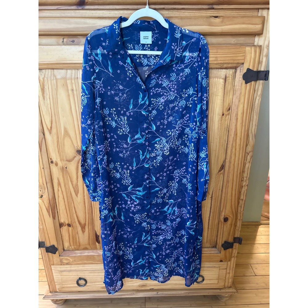 Mamalicious Sille Maternity Tunic Dress Blue Floral Chiffon Roll Tab Sleeve M